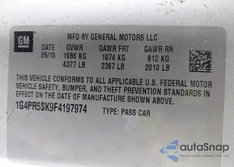 2015 Buick Verano Convenience Group from USA, damaged, VIN 1G4PR5SK9F4197974